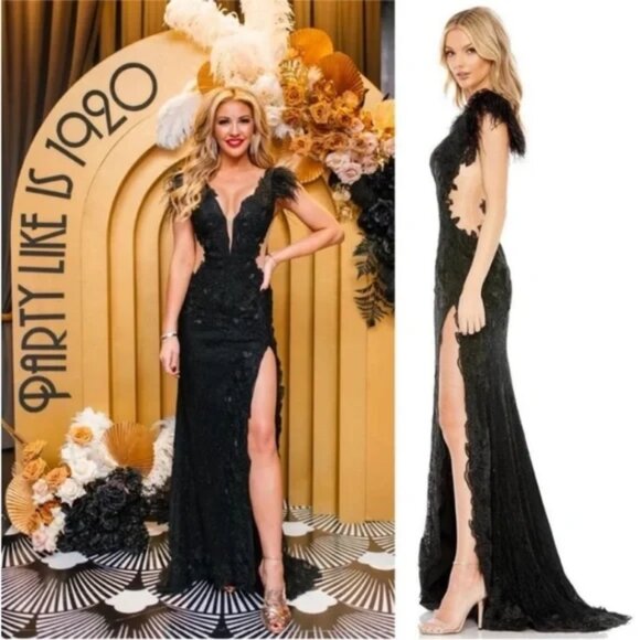 $698 Mac Duggal 67782 Size 4 Black Feather Cap Sleeve Lace Gown Long Maxi Dress - Picture 2 of 6